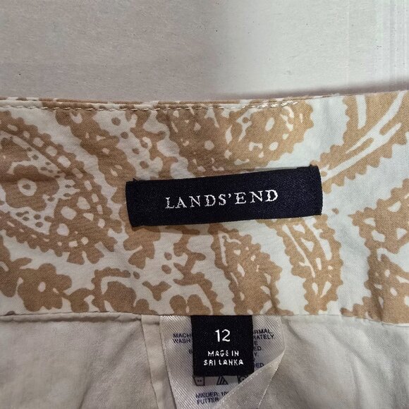 Lands' End Lined Paisley Skirt Cotton Tan White Zip Pockets Size 12 - Picture 6 of 9